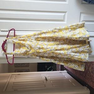 Modcloth yellow floral halter flare midi tiered dress lined with pockets  large